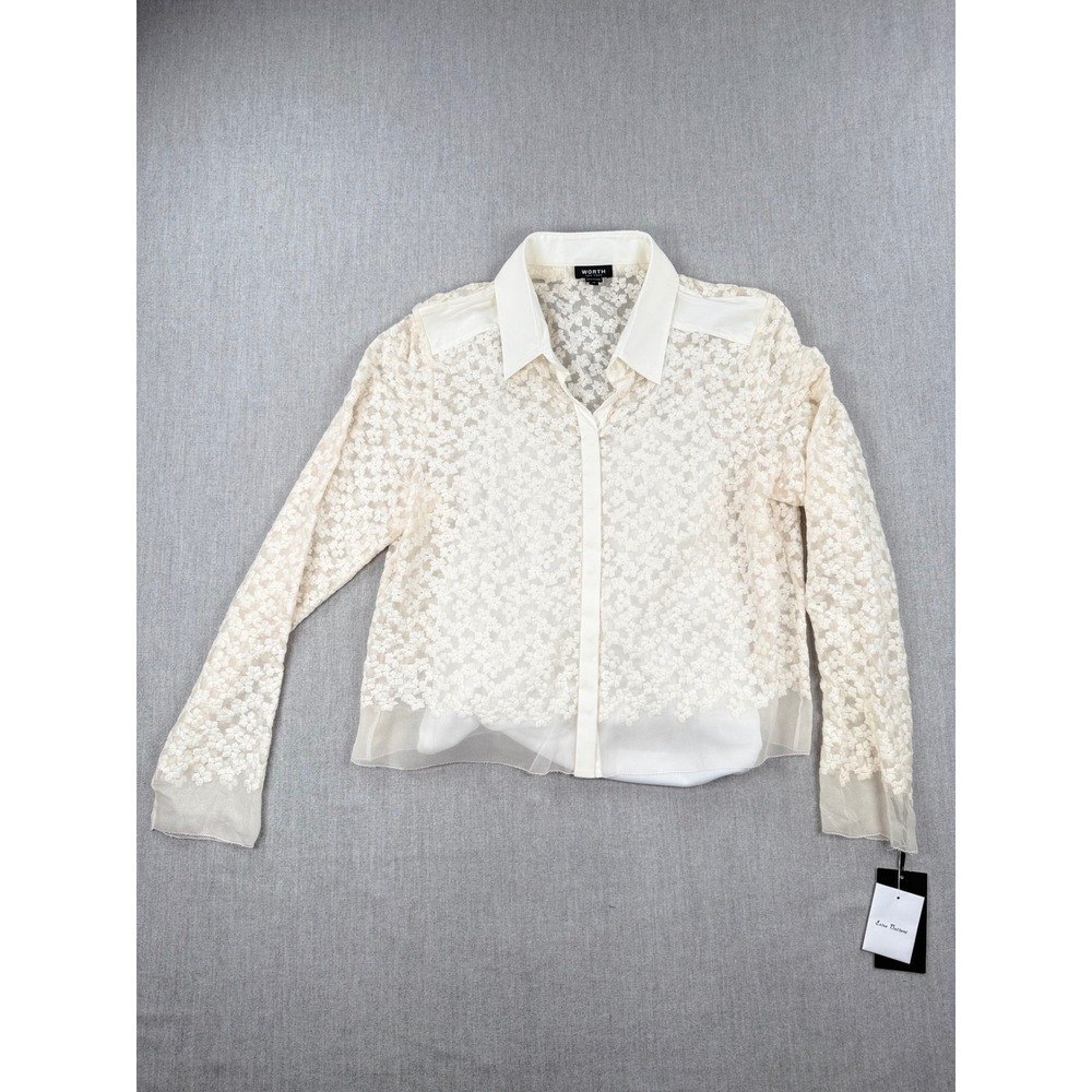 Worth Ivory Floral Embroidered Sheer Mesh Long Sleeve Top Boho Romantic Layering